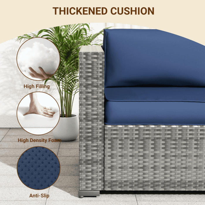 Patio Furniture Set, 7-Piece Outdoor Sectional with Waterproof Cover, All-Weather Wicker Patio Conversation Sets for Backyard (Grey with Navy Cushion) - Image 3