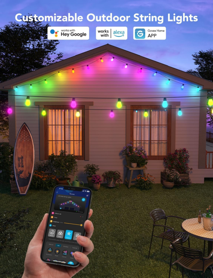 Smart Outdoor String Lights H7021, RGBIC Warm White 96Ft (2 Ropes of 48Ft) LED Bulbs for Christmas Decorations Outdoor, Wifi Patio Lights Work with Alexa, Google, APP Control, IP65 Waterproof - Image 4