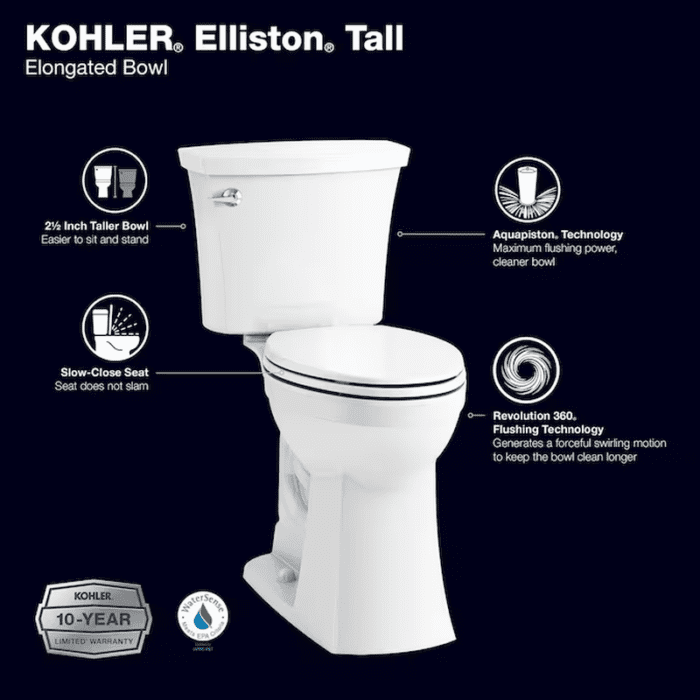 Elliston Tall White Elongated Tall Height Soft Close 2-Piece Toilet 12-In Rough-In Watersense 1.28 GPF - Image 8