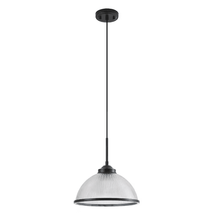 Caleb Black Industrial Ribbed Glass Bowl Medium Hanging Pendant Light - Image 2