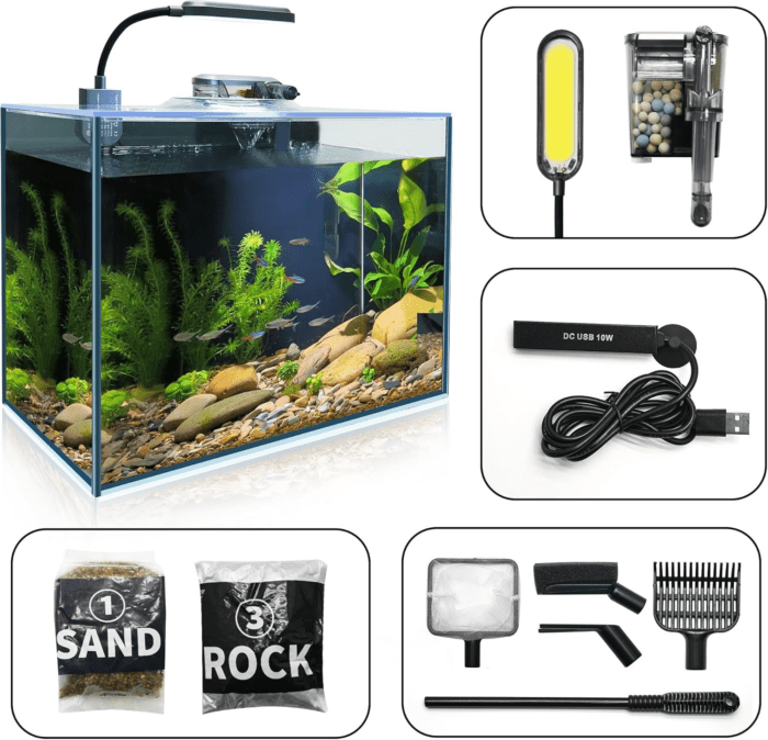 3 Gallon Fish Tank Aquarium Starter Kit, Including Heater Self-Cleaning Filter HD Float Glass Small Fish Bowl Light Rocks Gravel Cleaning Tool Set, Beginner'S Gift for Betta Guppy - Image 9