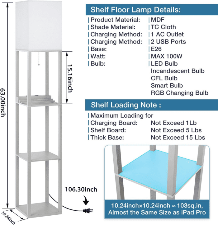 LED Shelf Floor Lamp, Modern Standing Lamp with 2 USB Ports and 1 Power Outlet, 3-Tiered Display Floor Lamps with Shelves for Living Room, Bedroom and Office - Gray - Image 3
