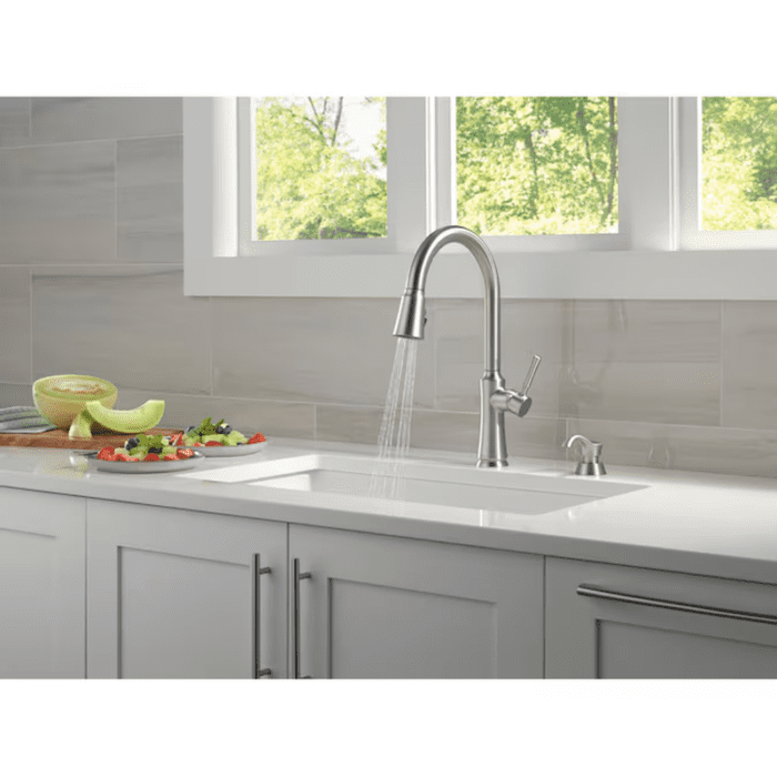 Chalet Stainless Steel Single Handle Pull-Down Kitchen Faucet with Sprayer (Deck Plate and Soap Dispenser Included) - Image 12