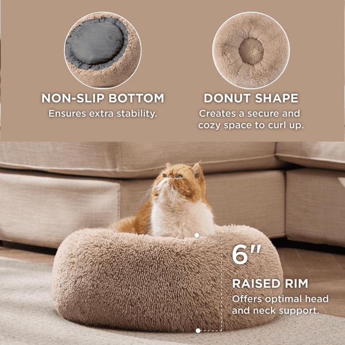 Calming Cat Beds for Indoor Cats - Small Cat Bed Washable 20 Inches, Anti-Slip round Fluffy Plush Faux Fur Pet Bed, Fits up to 15 Lbs Pets, Camel - Image 2