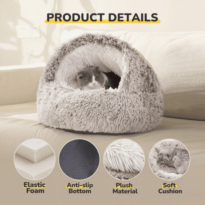 Cat Bed, Plush Hooded Cat Beds for Indoor Cats, Calming Cat Nest, Self Warming Cat Bed Cave, Cozy Cat Pod for Indoor Cat or Small Dog, Removable Washable Cat Cove with Non-Slip Bottom - Image 2