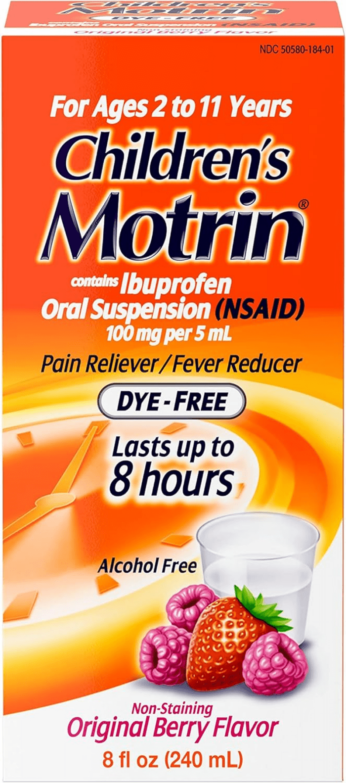 Children'S Oral Suspension 100Mg Ibuprofen Medicine, NSAID Fever Reducer & Pain Reliever for Minor Aches & Pains Due to Cold & Flu, Dye Free, Alcohol-Free, Berry Flavored, 8 Fl. Oz