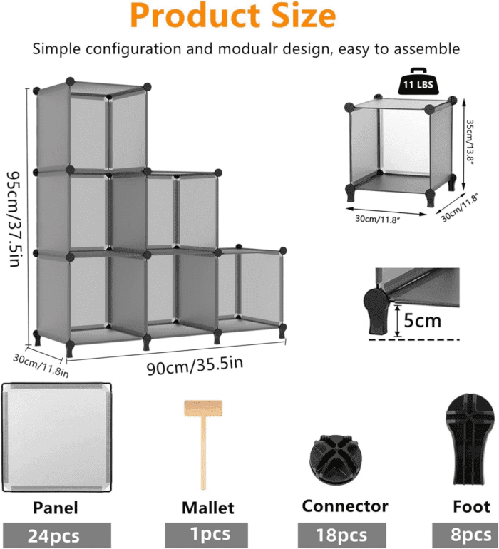 Cube Storage Organizer, Storage Cubes Shelves Bookshelf, 6 Cube Closet Organizers and Storage, DIY Stackable Plastic Clothes Organizer Shelving for Bedroom, Home, Grey - Image 3