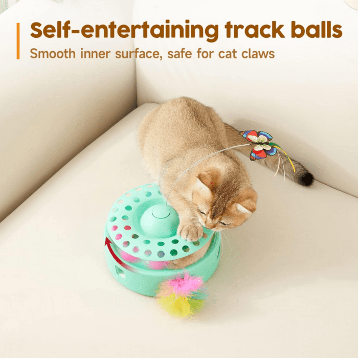 Cat Toys 3-In-1 Automatic Interactive Kitten Toy, Fluttering Butterfly, Random Moving Ambush Feather, Track Balls, Dual Power Supplies, USB Powered, Indoor Exercise Cat Kicker (Green) - Image 5