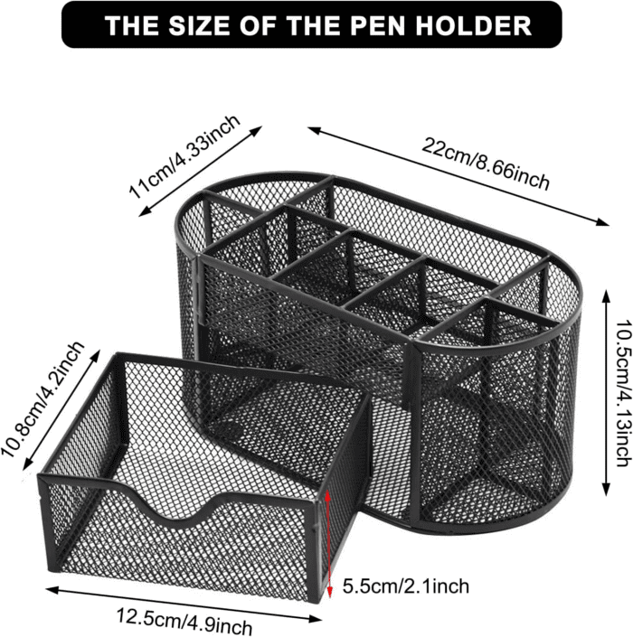 Mesh Desk Organizer Desktop Office Supplies Multi-Functional Caddy Pen Holder Stationery with 8 Compartments and 1 Drawer for Office, Home, School, Classroom (Black) - Image 5