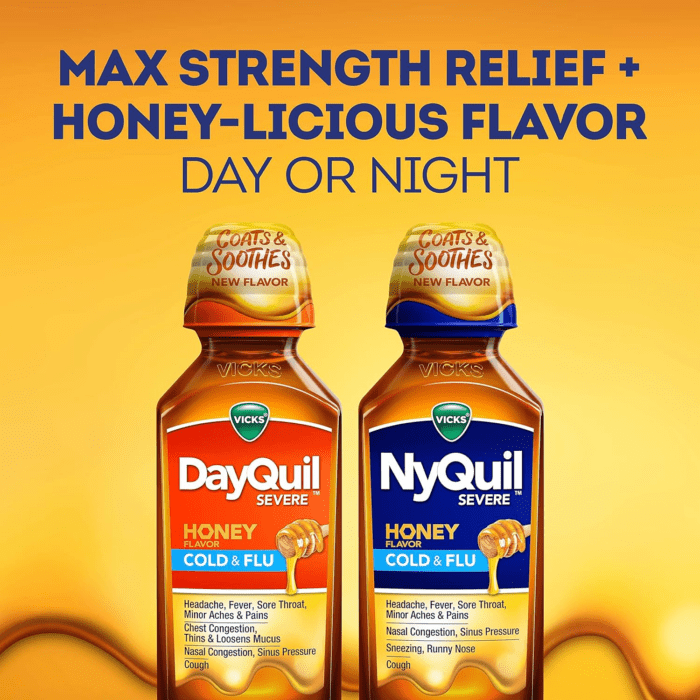 Dayquil & Nyquil SEVERE Honey Cold & Flu Medicine, Relief for Headache, Fever, Sore Throat, Minor Aches & Pains, Nasal Congestion, Sinus Pressure, Stuffy Nose, & Cough, Honey Flavor, 2X12 OZ - Image 8