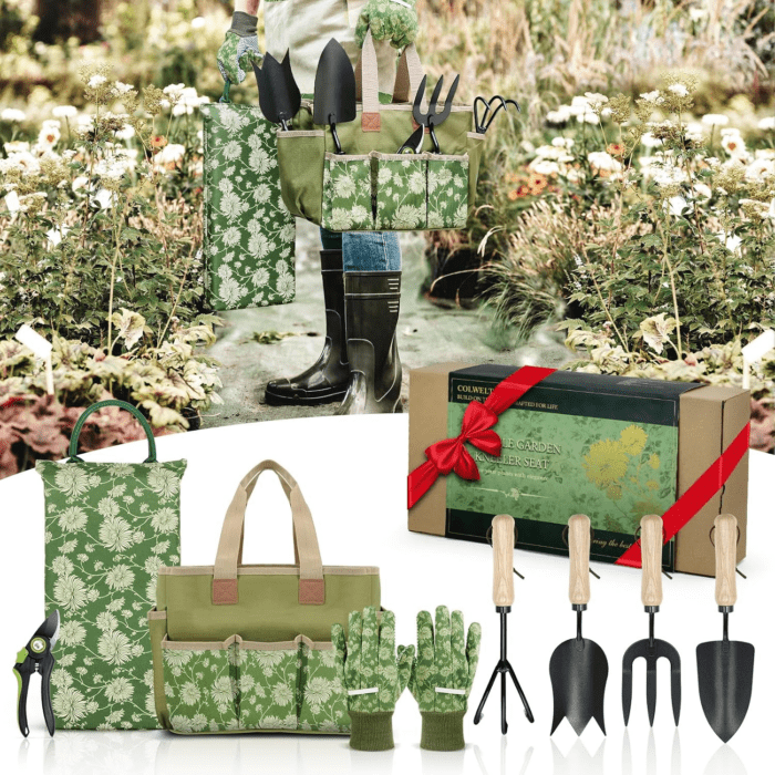 Garden Tools Set, 8 Piece, Heavy Duty Gardening Tools with Wooden Handle, Including Garden Tote, Kneeling Pad, Gloves, Pruner, Trowel, Tulip Trowel, Cultivator - Gardening Gifts for Women Men