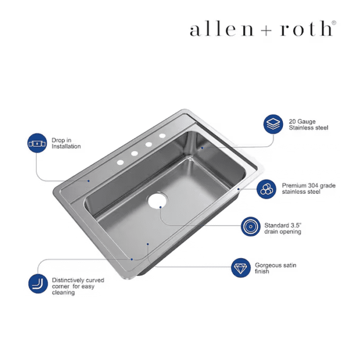 Fenway Drop-In 33-In X 22-In Stainless Steel Single Bowl 4-Hole Kitchen Sink - Image 6