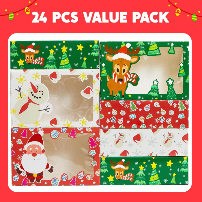 24 PCS Christmas Foil Treats Cookie Gift Box (8.75" X 5.75" X 2.75") Colorful Pattern with Window for Pastries, Cupcakes, Cookies, Brownies, Donuts Gift-Giving - Image 2