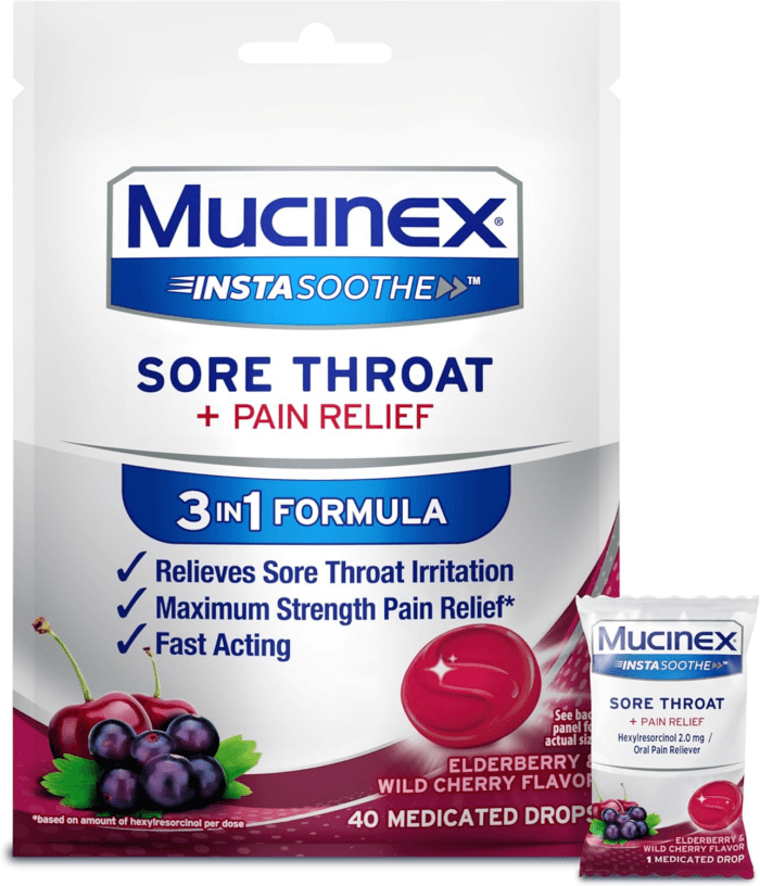 Instasoothe Sore Throat Relief, Sore Throat Lozenges, Sore Throat Medicine with Hexylresorcinol, Cough Drops Alternative, 40 Elderberry & Wild Cherry Medicated Numbing Throat Drops