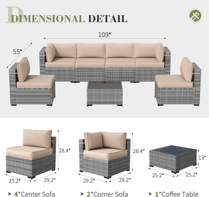 Patio Furniture Set, Outdoor Patio Furniture Wicker Furniture Couch Set, 7-Pieces Outdoor Sectional Sofa with Patio Furniture Cover, Outdoor Patio Set for Home Furniture (Khaki) - Image 5