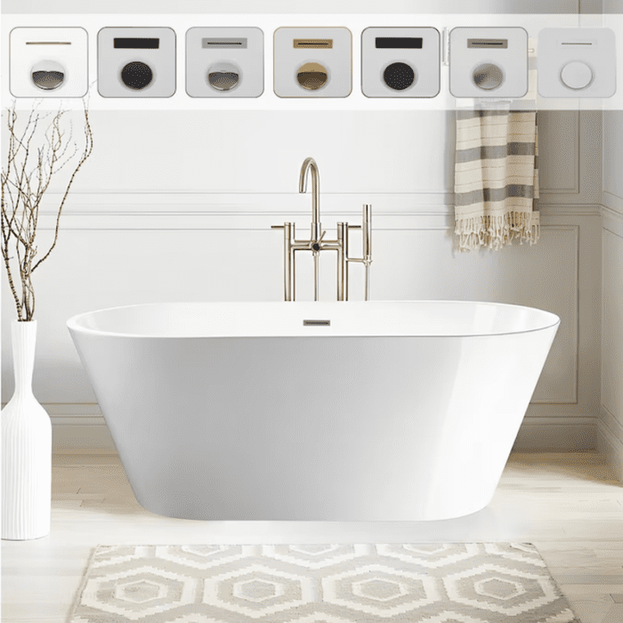 29.5-In X 59-In White/Polished Chrome Acrylic Oval Freestanding Soaking Bathtub with Drain (Center Drain) - Image 13