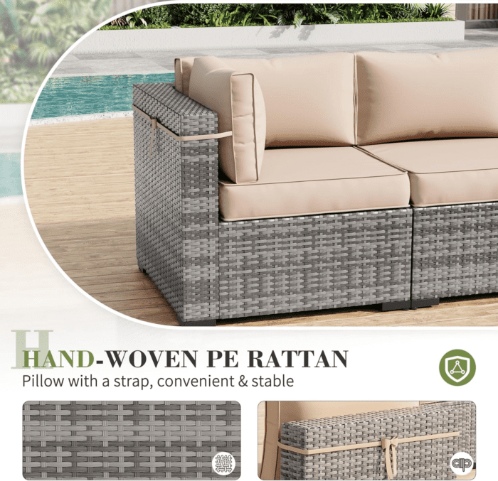 Patio Furniture Set, Outdoor Patio Furniture Wicker Furniture Couch Set, 7-Pieces Outdoor Sectional Sofa with Patio Furniture Cover, Outdoor Patio Set for Home Furniture (Khaki) - Image 2