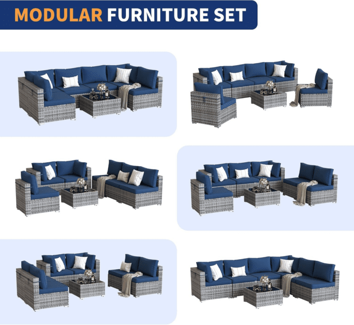 Patio Furniture Set, 7-Piece Outdoor Sectional with Waterproof Cover, All-Weather Wicker Patio Conversation Sets for Backyard (Grey with Navy Cushion) - Image 7