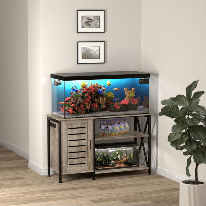 55-75 Gallon Fish Tank Stand, Aquarium Stand with Power Outlets and Cabinet for Fish Tank Accessories Storage, Heavy Duty Metal Frame, 52" L*19.68" W Tabletop, 1200LBS Capacity, Grey PG05YGZ - Image 6