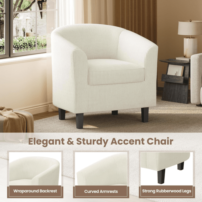 Corduroy Barrel Chairs Set of 2, Upholstered Club Chairs Accent Chairs, round Armchairs Waiting Room Chairs with Soft Cushion for Living Room Bedroom Reading Room, Beige - Image 6