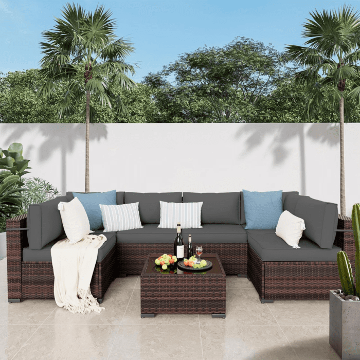 Patio Furniture Sets, 7 Pieces Outdoor Rattan Sectional Sofa Set with Glass Table and Cushions, Wicker Patio Conversation Set for Outdoor Indoor Backyard Lawn Garden Porch (Grey) - Image 3