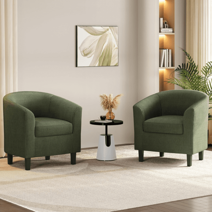 Corduroy Barrel Chairs Set of 2, Upholstered Club Chairs Accent Chairs, round Armchairs Waiting Room Chairs with Soft Cushion for Living Room Bedroom Reading Room, Dark Green - Image 4