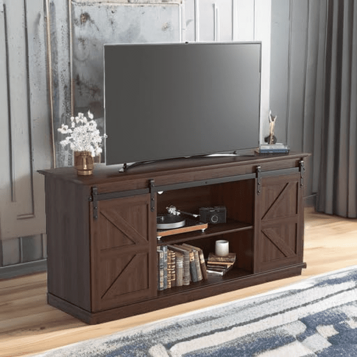 TV Stand for 65 Inch TV, Entertainment Center with Storage Cabinets and Sliding Barn Doors, Mid Century Modern Media TV Console Table for Living Room Bedroom (Brown) - Image 5