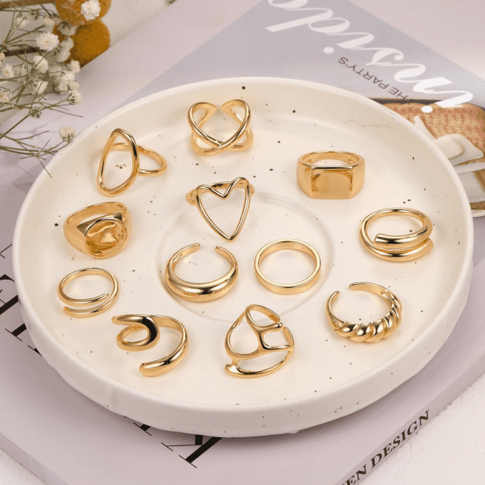 12PCS Gold Stackable Rings Set for Women, 18K Gold Plated Open Stacking Knuckle Ring, Adjustable Chunky Signet Rings for Gift - Image 8