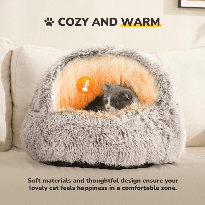 Cat Bed, Plush Hooded Cat Beds for Indoor Cats, Calming Cat Nest, Self Warming Cat Bed Cave, Cozy Cat Pod for Indoor Cat or Small Dog, Removable Washable Cat Cove with Non-Slip Bottom - Image 6