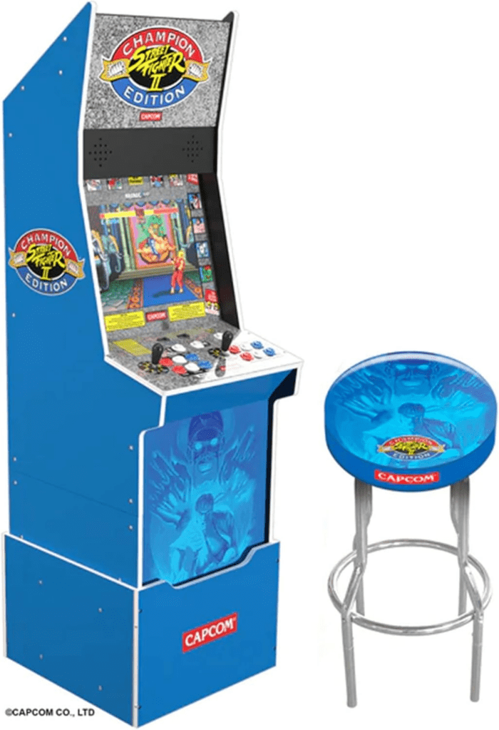 Street Fighter II Champion Edition Big Blue Cabinet Style Arcade Machine W/ 12 Games, Coinless Operation, Light-Up Marquee, Wifi, and Stool