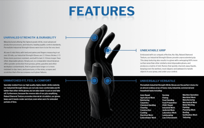 Permasafe HD Industrial Nitrile Disposable Gloves, 6+ Mil, Latex Free, Raised Diamond Texture, Mechanic’S Gloves - Image 3