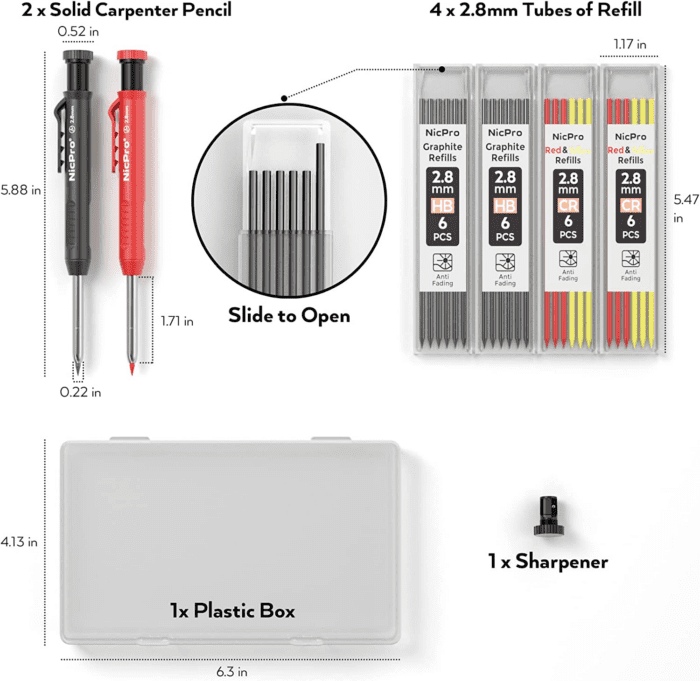 Carpenter Pencil with Sharpener, Mechanical Pencils Set with 26 Refills, Deep Hole Marker for Construction, Heavy Duty Woodworking Pencils for Architect (Black, Red) - with Case - Image 7