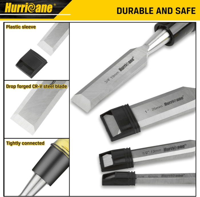 4 Piece Wood Chisel Set for Woodworking, CR-V Steel Beveled Edge Blade, Durable PVC High Impact Handle Wood Chisel - Image 3