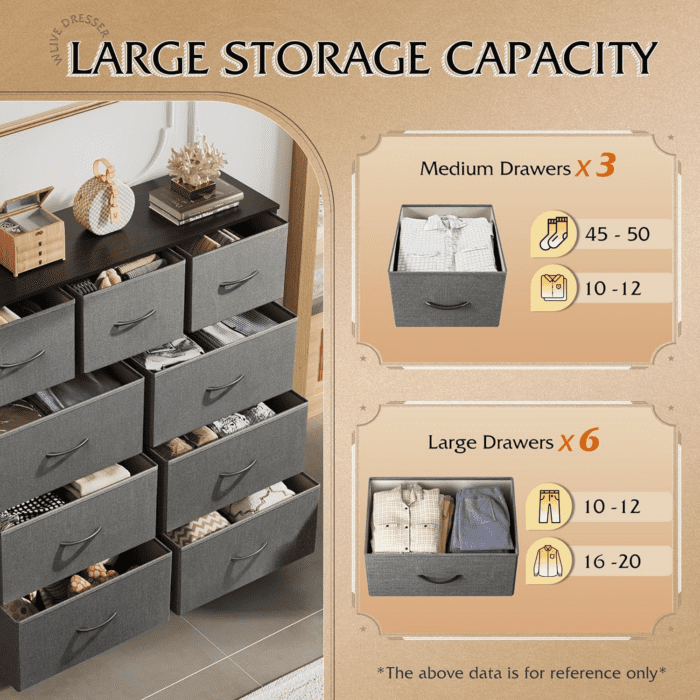 9-Drawer Dresser, Fabric Storage Tower for Bedroom, Hallway, Entryway, Closet, Tall Chest Organizer Unit with Fabric Bins, Steel Frame, Wood Top, Easy Pull Handle, Dark Grey - Image 5