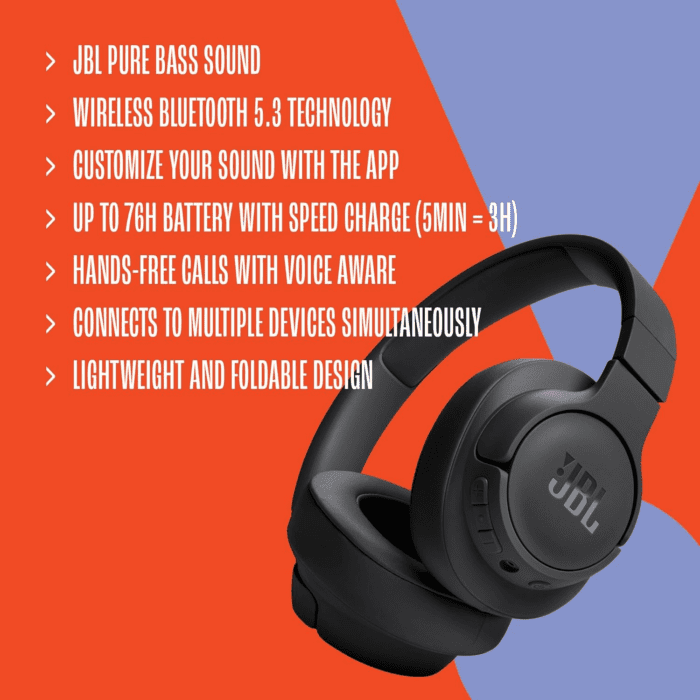 Tune 720BT - Wireless Over-Ear Headphones with  Pure Bass Sound, Bluetooth 5.3, up to 76H Battery Life and Speed Charge, Lightweight, Comfortable and Foldable Design (Black) - Image 7