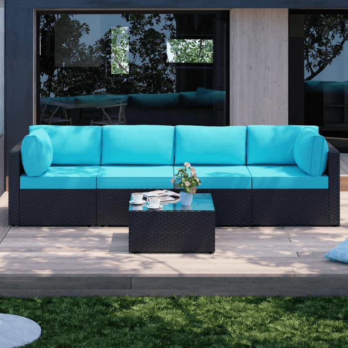 5 Pieces Outdoor Patio Sectional Sofa Couch, Black PE Wicker Furniture Sets, Patio Conversation Sets with Washable Cushions Glass Coffee Table for Garden, Poolside, Backyard,Blue - Image 5