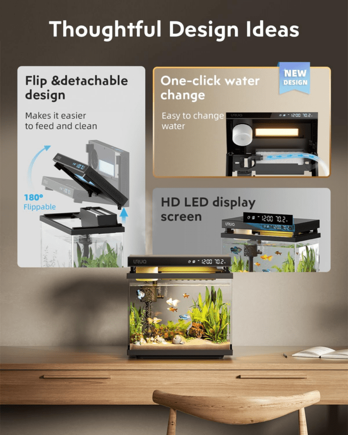 Fish Tank Smart Aquarium Kit: 2 Gal UHD Glass Silent Water Pump Self Cleaning System Temperature Monitoring Essential Oil Diffuser with Humidifier 7 Color Lights Multi-Layer Filtration System Black - Image 6