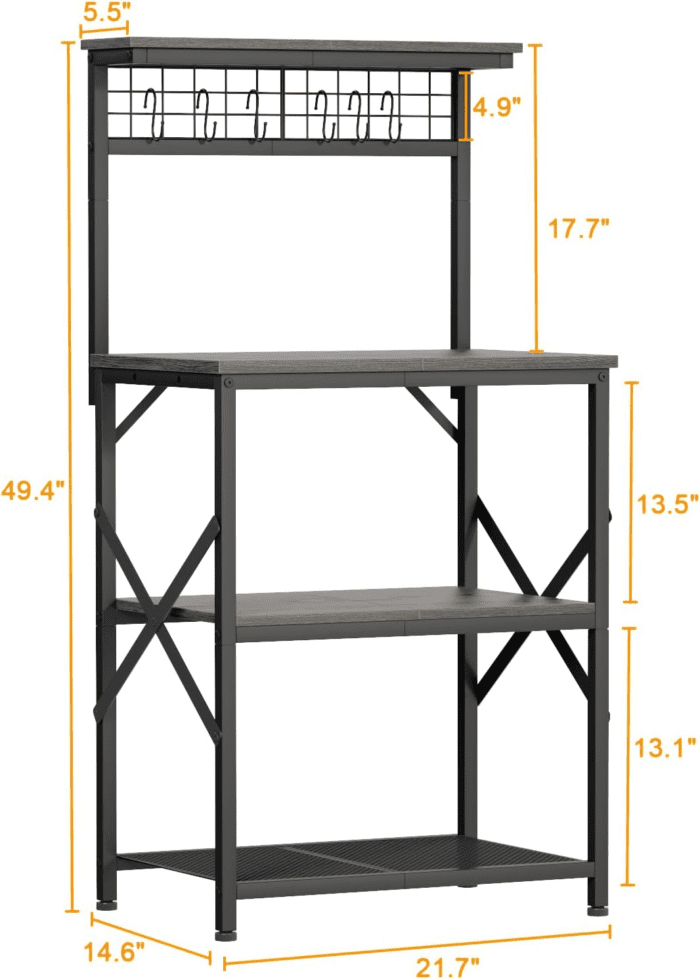 Kitchen Bakers Rack, Microwave Stand with Storage 4 Tiers, Coffee Bar Station with 6 S Hooks and Pegboard, Kitchen Shelves Rack for Spices, Pots, Black Oak - Image 3