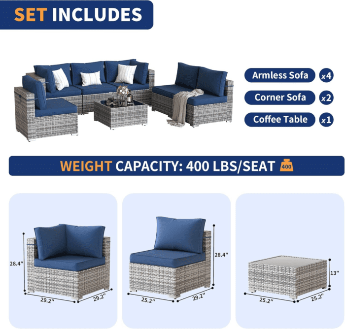 Patio Furniture Set, 7-Piece Outdoor Sectional with Waterproof Cover, All-Weather Wicker Patio Conversation Sets for Backyard (Grey with Navy Cushion) - Image 6