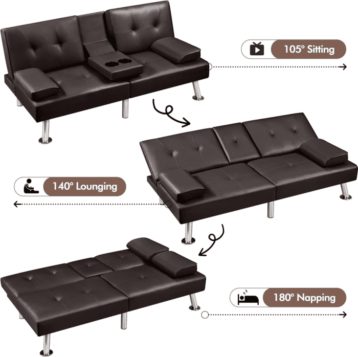 Convertible Sofa Adjustable Couch Sleeper Modern Faux Leather Home Reversible Loveseat, Removable Armrests, 3 Angles, 772Lb Capacity, Espresso - Image 5