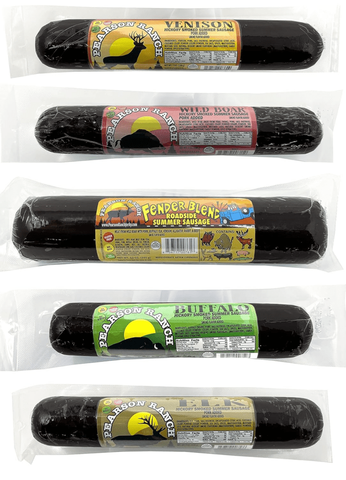 Game Meat Summer Sausage Variety Pack of 5 Elk, Buffalo Wild Boar, & Fender Blend (Rabbit, Alligator, Venison, Elk, Buffalo) Exotic Meat Summer Sausage Pack, Gluten-Free