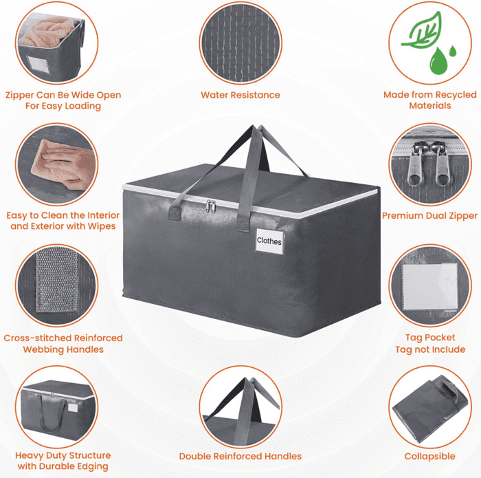 Large Moving Boxes and with Zippers & Handles Moving Supplies with Lids, Heavy Duty Totes for Storage Bags for Space Saving, Fold Flat, Moving and Storing 93L, 6 Pack - Image 3