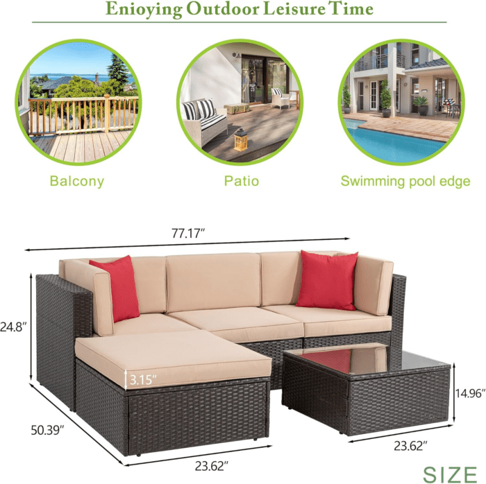 5 Piece Patio Furniture Sets, All-Weather Brown PE Wicker Outdoor Couch Sectional Set, Small Conversation Set for Garden/Patio W/Ottoman, Glass Table, Red Pillow, Beige - Image 4