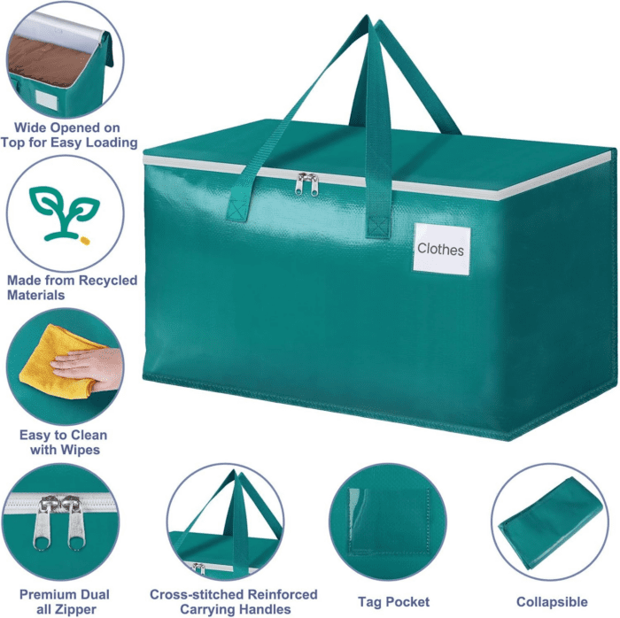 Moving Bags-Heavy Duty Moving Boxes, Storage Totes with Zipper, Reinforced Handles and Tag Pocket-Collapsible Moving Supplies for Moving, Storage and Travel 93L(Green-4 Pack) - Image 3