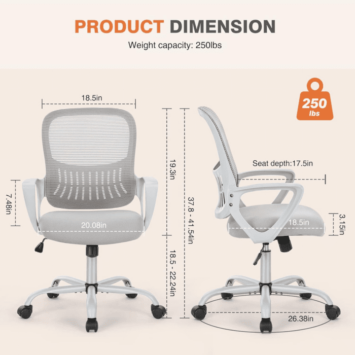 Office Computer Desk Managerial Executive Chair, Ergonomic Mid-Back Mesh Rolling Work Swivel Chairs with Wheels, Comfortable Lumbar Support, Comfy Arms for Home,Bedroom,Study,Student,Grey - Image 2