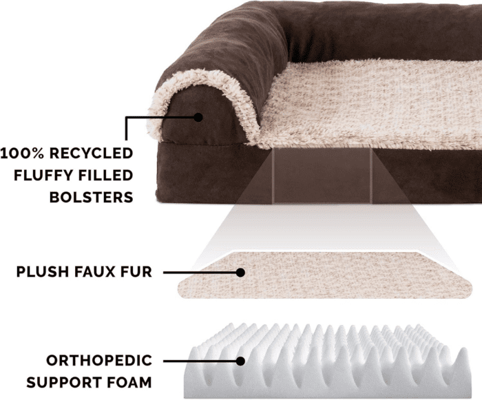 Orthopedic Dog Bed for Large Dogs W/ Removable Bolsters & Washable Cover, for Dogs up to 95 Lbs - Two-Tone Plush Faux Fur & Suede L Shaped Chaise - Espresso, Jumbo/Xl - Image 4