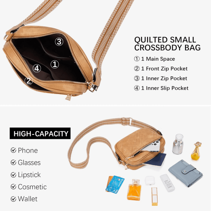 Quilted Crossbody Bags for Women Vegan Leather Purses Small Shoulder Handbags with Wide Strap - Image 5