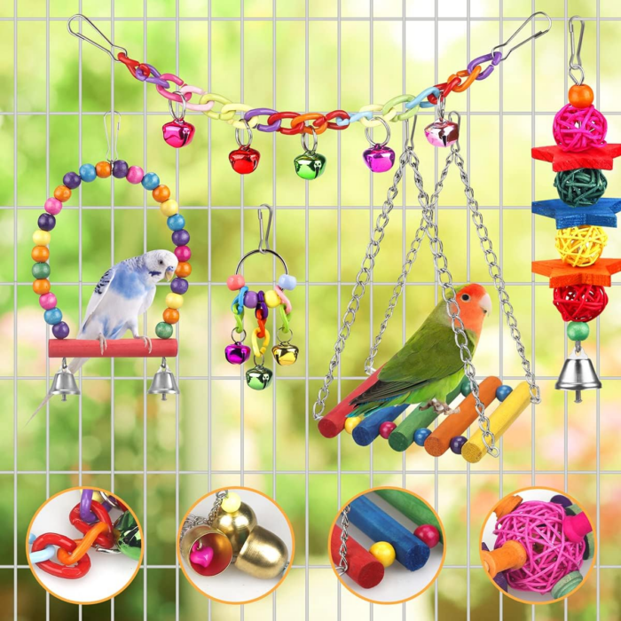 Bird Toys for Conures with Colorful Ladder Hammock Bird Cage Accerious Bird Perch Stand Chewing Toys Hanging Bell for Parrot Parakeet Cockatiel Lovebirds - Image 2