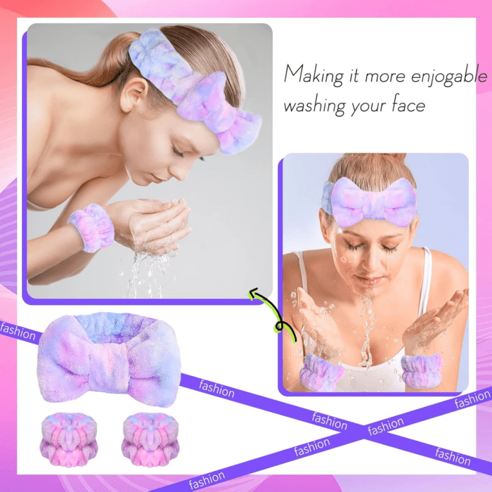 Spa Headband and Matching Wrist Bands for Washing Face, Fuzzy Skincare Bow Headbands, Soft Facial Makeup Head Bands, Shower Hair Sleepover Party Supplies - Image 3