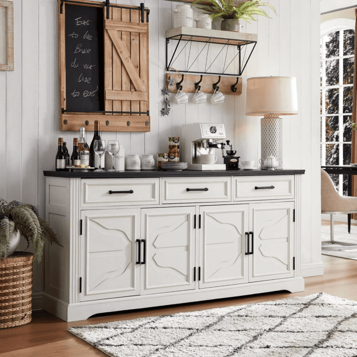 66" Large Buffet Sideboard Cabinet with 4 Doors and 3 Drawers, Buffet Table Coffee Bar Wine Bar Storage Cabinet for Dining Room, Living Room (Off White)